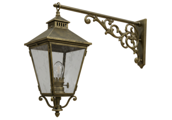 Antique brass lantern wall mount lighting fixture with ornate bracket