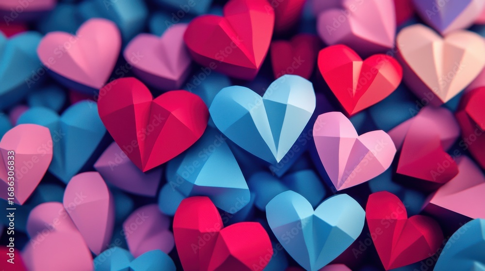 Poster colorful heart shapes in low-polygon design on abstract background