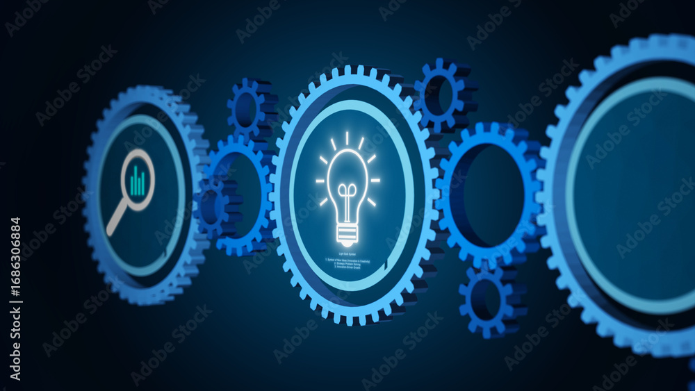 Poster idea and innovation concept with light bulb icon in interconnected gears symbolizing creative busine