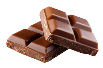 Two pieces of dark chocolate.  Glossy, rich,  square shapes overlap.  Sweet, decadent treat