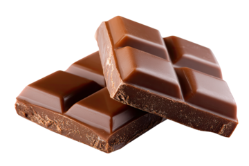 Two pieces of dark chocolate.  Glossy, rich,  square shapes overlap.  Sweet, decadent treat