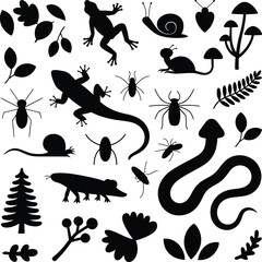 Black silhouette vector set of animals, insects, reptiles, plants, and nature elements including frogs, snails, lizards, crocodile, snake, mushrooms, leaves