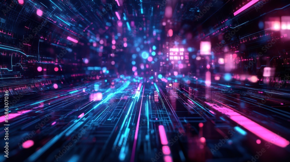Poster futuristic abstract digital data streams in vibrant virtual space