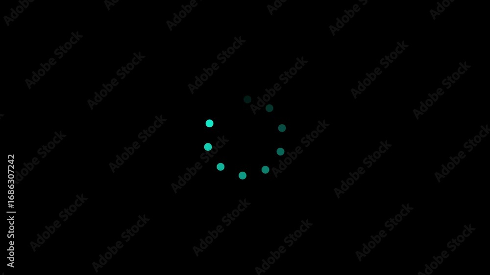 Poster circular loading spinner animation with gradient dots rotating on black background, symbolizing buff