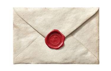 Aged, cream-colored envelope sealed with red wax