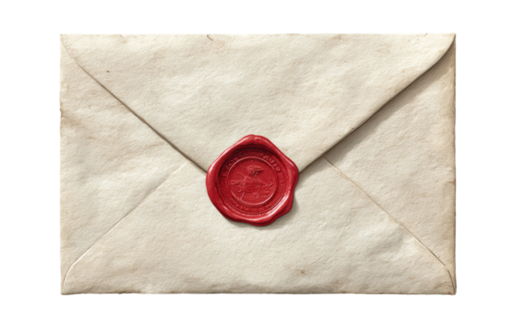 Aged, cream-colored envelope sealed with red wax