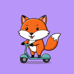 Smiling cartoon fox riding a teal scooter, gripping the handlebars with joy against a light purple background.
