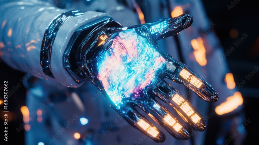 Poster robotic hand with glowing mechanisms in dark sci-fi setting