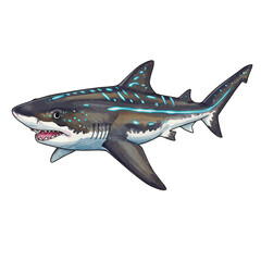 Fototapeta premium Stylized vector image of a predatory ocean shark with luminous blue markings, a digital watercolor drawing for marine life concepts