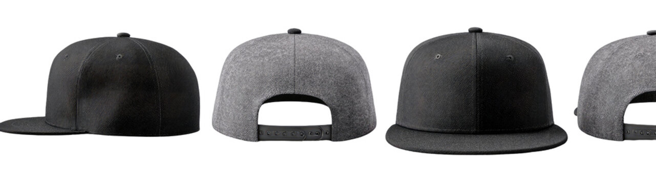 Three blank, gray, and black, snapback baseball caps