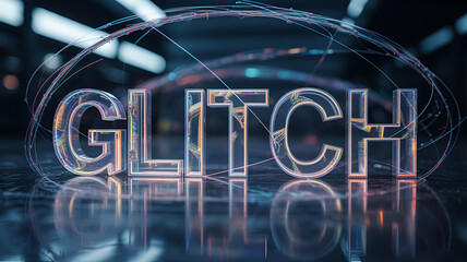 A glitch text effect with reflection on a dark futuristic background