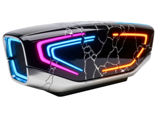 Cracked black and chrome futuristic gadget with neon illumination on a transparent background
