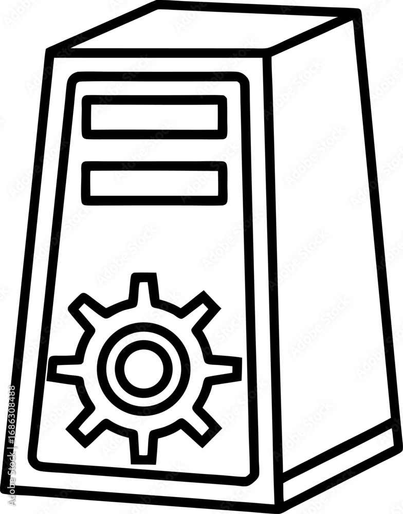 Poster computer server tower with gear icon isolated on white background data storage and processing equipm