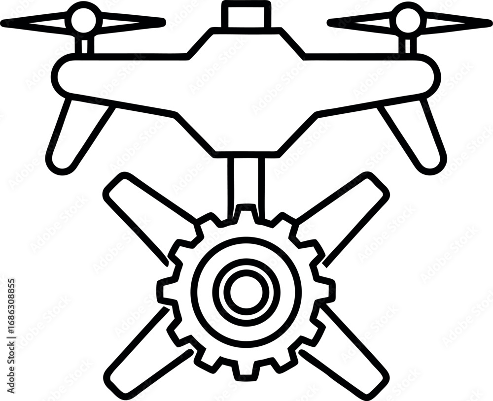 Aufkleber drone and gear icon with precise engineering and technological development outline vector illustrati