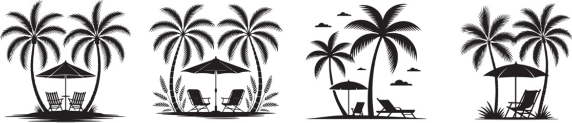 Black and white silhouette illustration of tropical beach with palm trees, umbrella, chairs, and birds, symbolizing vacation, summer holiday, relaxation, travel, leisure, and paradise.