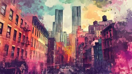 Fototapeta premium Vibrant city street scene with colorful buildings and cars