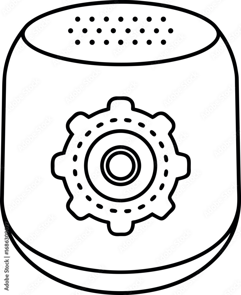 Poster futuristic device with gear symbol and perforated top representing advanced technology innovation an