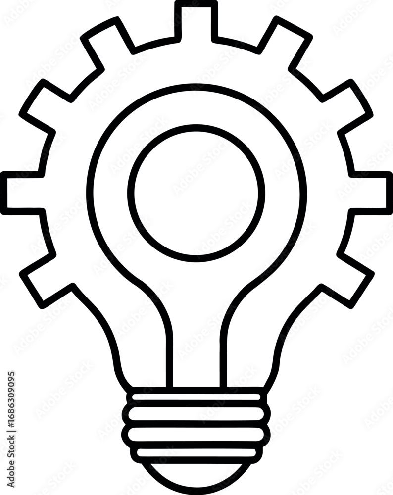 Aufkleber gear and lightbulb combination symbolizing innovation and mechanical ingenuity line art style white 