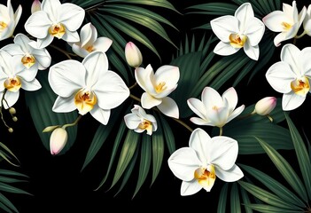 Elegant white orchids, lotus blossoms, and palm leaves on a black background form a seamless tropical vintage floral pattern, tropical flower, holiday