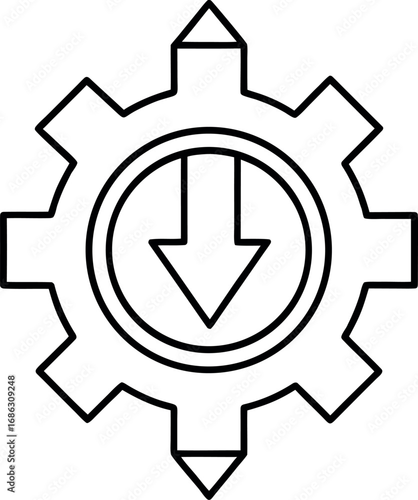 Poster gear icon with downward arrow for download settings or data transfer processes graphic symbol vector