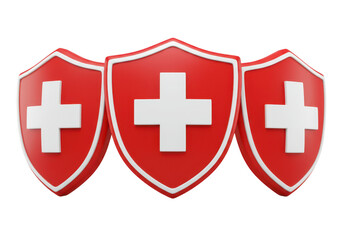 Fototapeta premium Three red shields with white cross isolated on transparent background