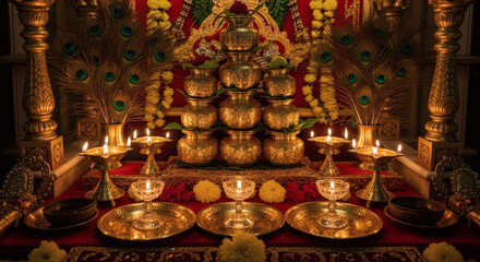 Fototapeta premium Close-up of a Hindu altar with lit diyas and golden decorations in a dark room.