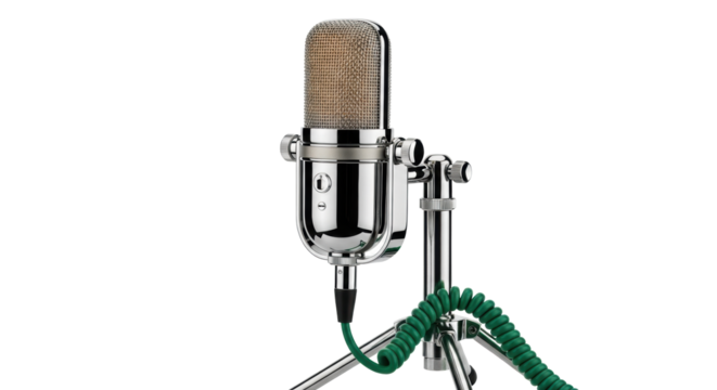 Large, retro condenser microphone, gleaming polished chrome body, amber grille, emerald cable, on a stainless steel stand, isolated on white with soft bokeh, classic audio history concept