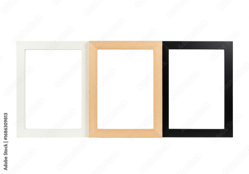 Poster three empty picture frames in different colors isolated on transparent background