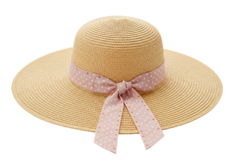 Beige straw hat with pink polka dot ribbon summer fashion accessory