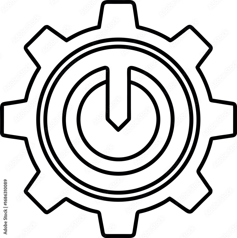 Poster outline of gear with power symbol inside depicting mechanical power settings and modern engineering 