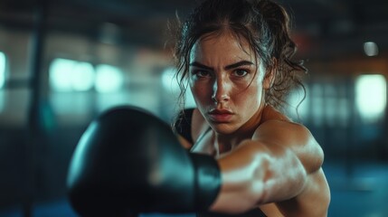 Young woman training intensely in gym with boxing gloves