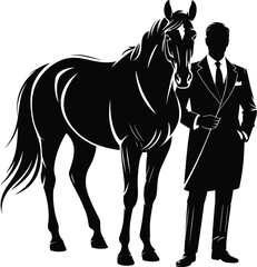 Elegant horse and man silhouette vector illustration, equestrian partnership concept, animal and human connection, formal attire, strength, grace, and style
