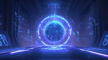 Holographic globe in a futuristic digital environment at night
