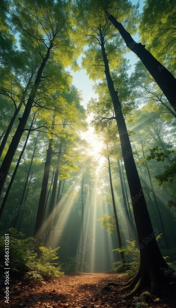 Poster serene forest path illuminated by sun rays through trees
