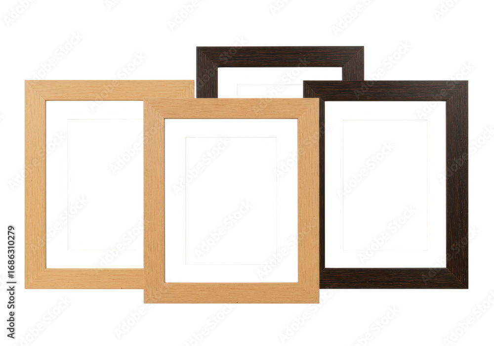 Poster three empty wooden photo frames isolated on transparent background