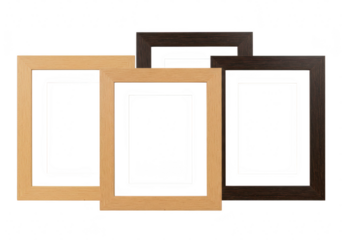 Three empty wooden photo frames isolated on transparent background