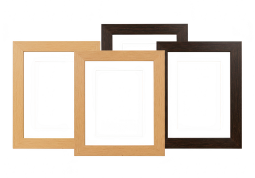 Three empty wooden photo frames isolated on transparent background