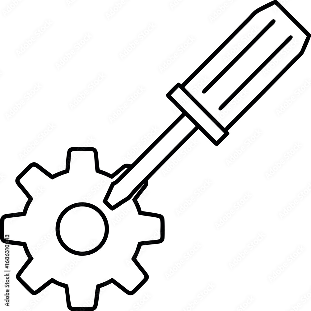 Poster screwdriver turning a gear icon representing mechanical work engineering maintenance settings and cu