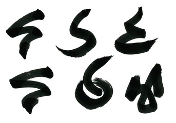 Set of six abstract black ink brush strokes isolated on white isolated on transparent background