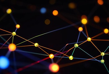 Close-up shot of glowing network nodes and connecting lines on a dark background,  network,  connection