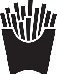 Black and white icon of french fries in a paper container