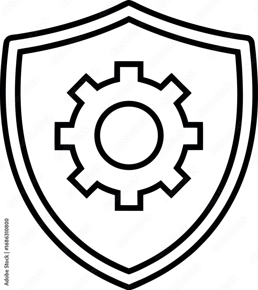 Poster shield with gear icon represents cybersecurity data protection and system configuration for digital 