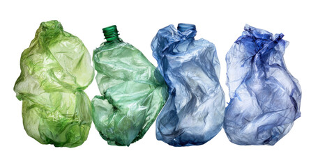 Fototapeta premium Crumpled plastic bottles in varying shades of green and blue