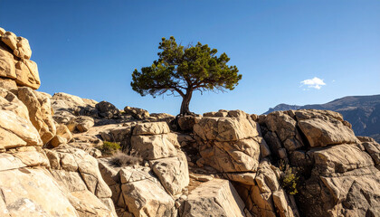 Rocky mountain landscape with sky and scattered trees