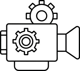 Stylized camera icon with gears representing video production technology and creative motion in filmmaking illustration outline vector illustration