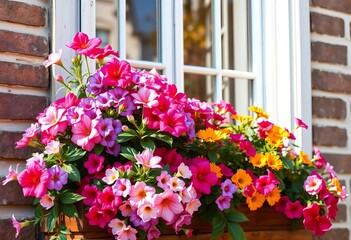 Vibrant blooms overflowing from window box, sunlight streaming through pane,  tranquil,  garden