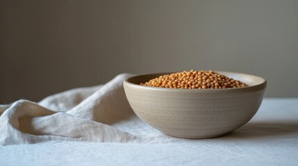 Mustard seeds in a bowl on fabric, serene indoor setting