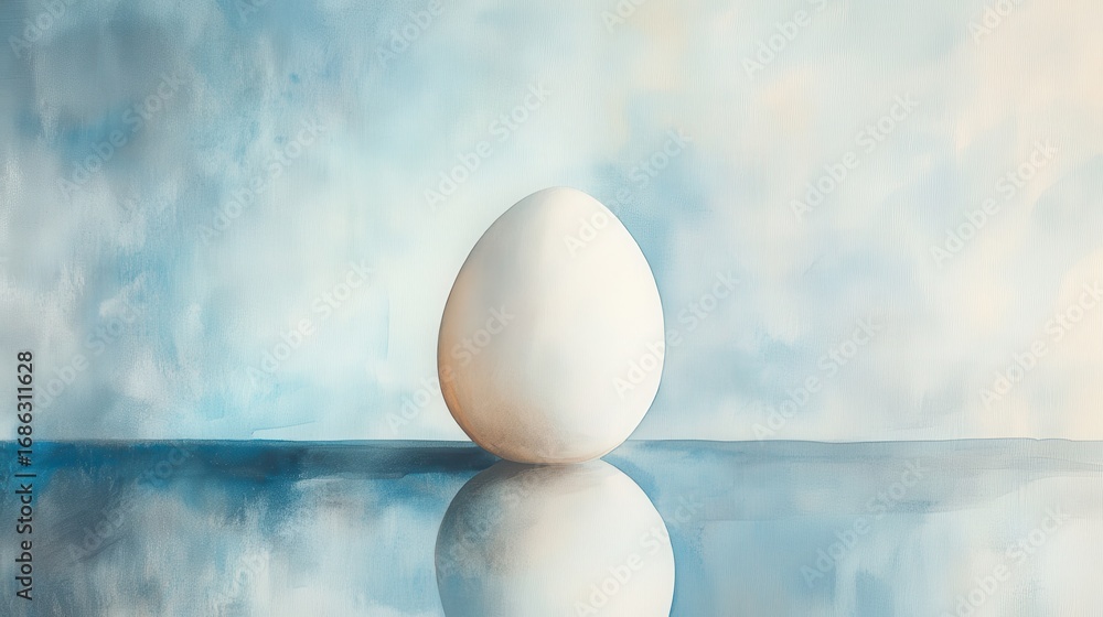 Poster serene egg resting on surface with reflection in studio
