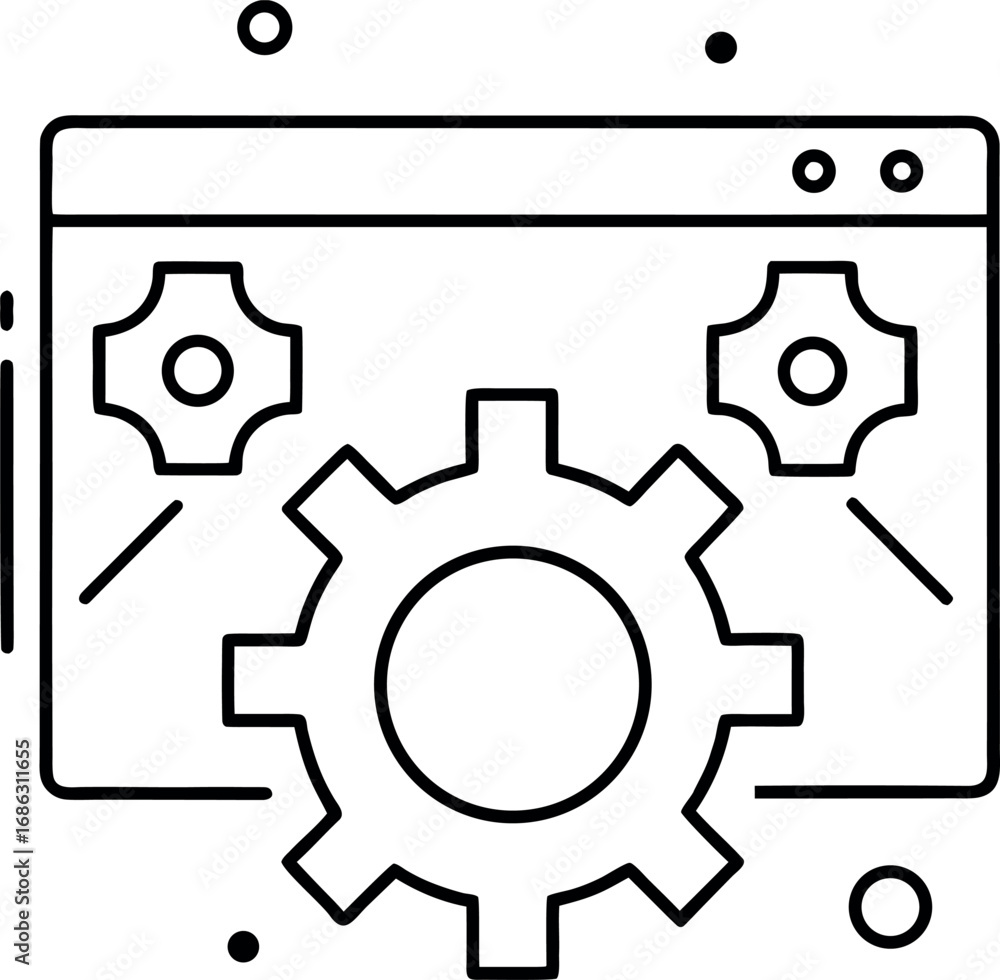Aufkleber web development configuration settings illustrated through gear symbol on browser window graphic for