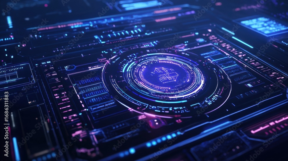 Poster Futuristic computer interface with holographic display at night